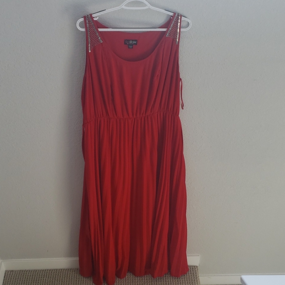 Pleated red and silver beaded dress
